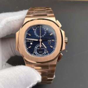 Patek Nautilus Travel Time Chronograph 18k Rose Gold with a blue dial