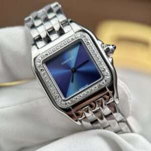 Cartier Panthere Small Model Replica Watches Women Blue Dial Bezel Stone CZ 23x30mm