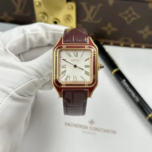 Cartier Santos Dumont Replica Watches White Dial Leather Strap Dark Red 43.5×31.4mm